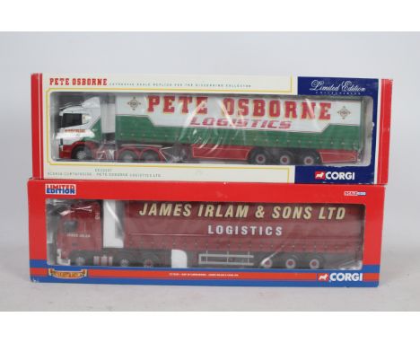 Corgi - 2 x limited edition trucks in 1:50 scale, a Scania Curtainside in Pete Osborne Logistics livery number 1605 of only 2