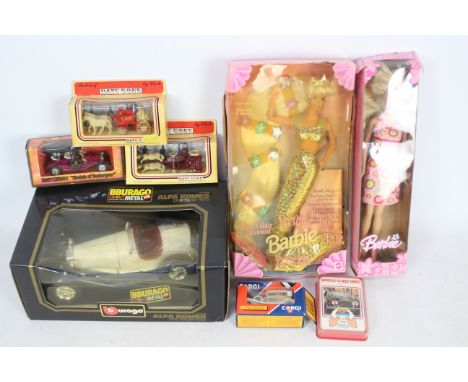 Matchbox - Bburago - Mattel - 5 x boxed vehicle models and 2 x boxed Barbie dolls including 1932 Alfa Romeo 2300 Spider # 300