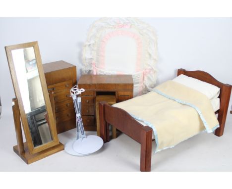 Doll Furniture - A collection of wooden 1/3 scale dolls furniture with three doll stands. The furniture consists of a bed inc