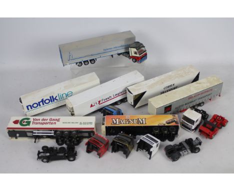 Tekno - Seven unboxed and playworn Tekno 1:50 scale model vehicles in various liveries. Models appear to be in mainly Poor co