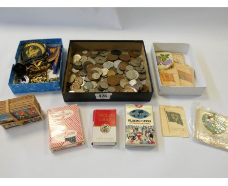 Large collection of foreign coins, military jewellery badges, cigarette cards, silk cigarette cards etc
