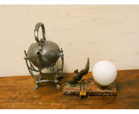 A small French swallow decorated table lamp on marble base and a pewter kettle on stand 