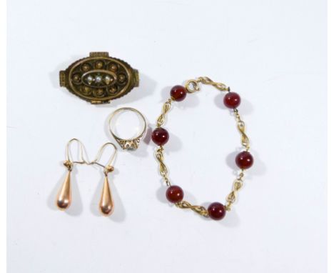 A pair of 9ct rose gold drop earrings, dress ring on 9ct gold shank, Carnelion bracelet and a Victorian seed pearl set brooch