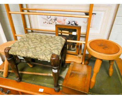 Three various stools, toilet mirror, box, walking stick and a pine towel rail 