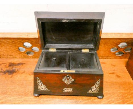 A Regency sarcophagus shaped, mother of pearl inlaid, two division tea caddy 