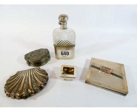 A cut glass and .800 standard silver mounted hip flask, silver stamp box together with unmarked pillboxes and compacts 