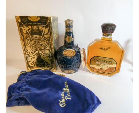 A bottle of Chivas Regal Royal Salute Sapphire Scotch whisky with box and pouch and a bottle of Legendary Clan Campbell Scotc