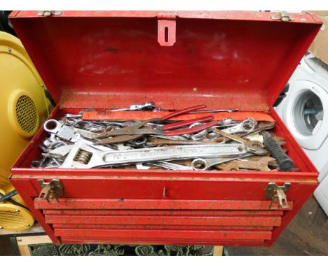 One metal tool box, one heavy plastic toolbox containing tools and a socket set 
