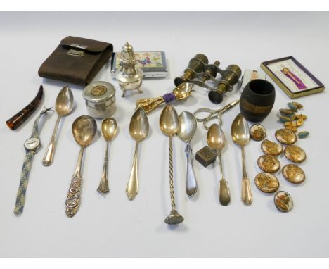 A pair of opera glasses, silver plated spoons, cigarette case, Zippo lighter, Satsuma buttons and other sundries 
