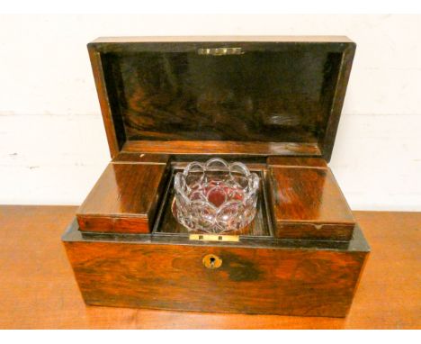 Early Victorian rosewood three division tea caddy with interior boxes and mixing bowl 