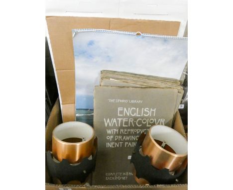 A large box of calendars, watercolour books, two copper ceiling light fittings etc 
