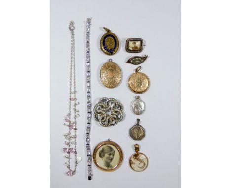 Silver and paste line bracelet, Victorian and later lockets, mourning brooches and a large knot design paste brooch