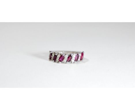 18ct white gold half hoop ruby and diamond ring, set with tear drop shape rubies inter set with brilliant cut diamonds, Ring 