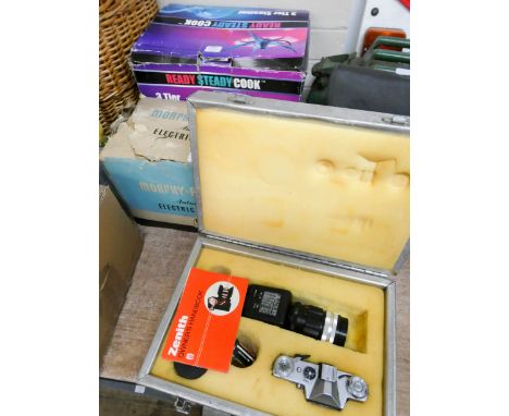 A three tier steamer-cooker, an electric toaster and a Zenith camera with lens etc in metal case 