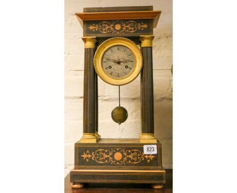 A French Empire inlaid mahogany striking Portico clock 18" high 