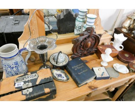 A hanging lustre light pendent, salt glazed jug, plated and other vases, tape measures, wooden items etc 