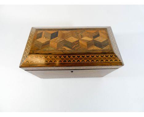 A Victorian Rosewood and Tunbridge ware inlaid tea caddy of rectangular form with two compartments complete with key, width 2
