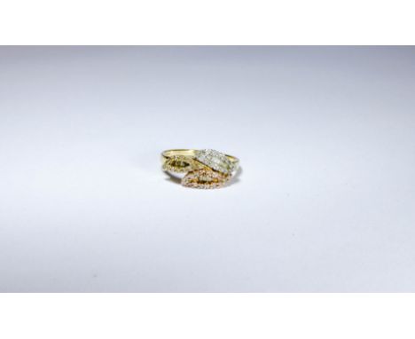 Modern tri-colour god diamond cluster dress ring, on 9ct gold shank, ring size N