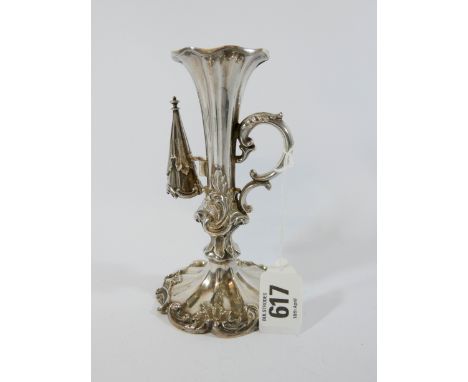 A silver chamber stick complete with its snuffer, scrolling leaf decoration on fluted base, overall height 14cms with hallmar