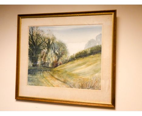 Watercolour of a country path with gate and fence, signed Rex Trayhorne, 13" X 16"