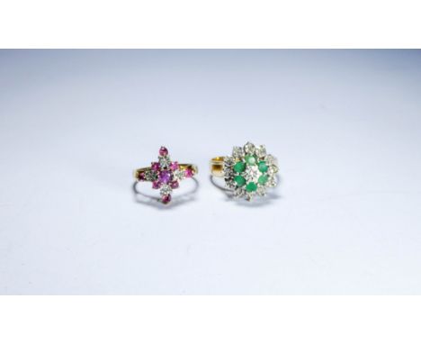 Two 9ct gold ladies dress rings one set with emeralds the other with rubies, ring size L and O 