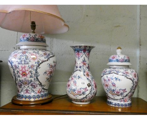 A large Chinese floral decorated jar style table lamp with a matching ginger jar with cover and a matching vase 
