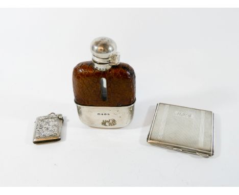 Three pieces of hallmarked silver to include a leather mounted hip flask, compact and Vesta case, approximate weighable silve