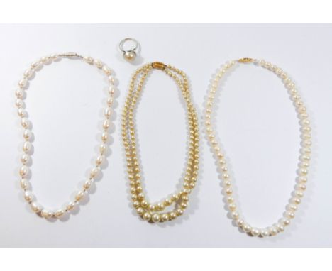 A Mabe pearl dress ring, a double row of Ciro pearls with gold clasp and two fresh water pearl necklaces  