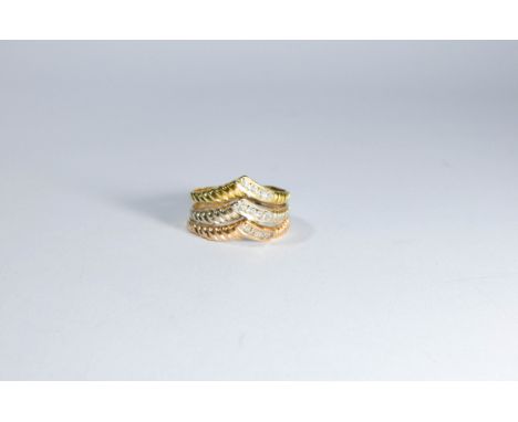 Middle Eastern tri-colour gold wishbone dress ring, set with white stones, ring size R