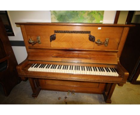 Edwardian German walnut overstrung piano by Max Neumeyer, Berlin. with Brass candle sconces - retailed by R W Pentland Edinbu