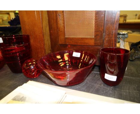 3 pieces Whitefriars Ruby Red Glass, 1 ribbon trailed vase &amp; 2 ruby red bubble pieces and a bubbled paperweight