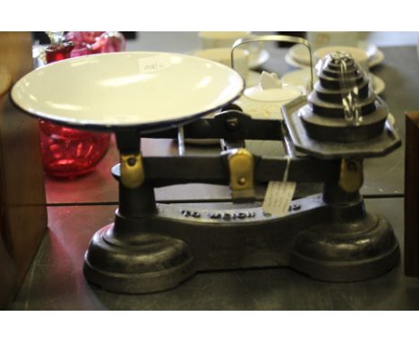 Cast iron kitchen scales with enamel pan including weights