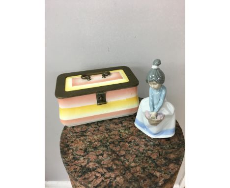 Nao figurine and Art Deco ceramic sewing box.