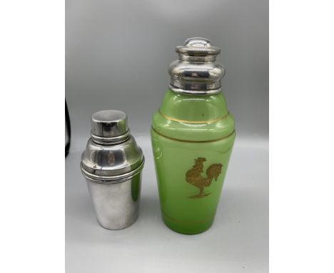  H &amp; H vintage chrome topped glass cocktail shaker and one other 8.5 " and 5.5"