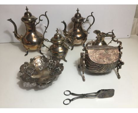 EPNS to include tea service and ornate biscuit barrel.all in great condition, no dents or damage all handles and feet firmly 