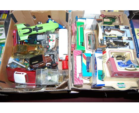 Two boxes containing a quantity of mixed modern release boxed and loose diecast to include a Lledo Solido and others