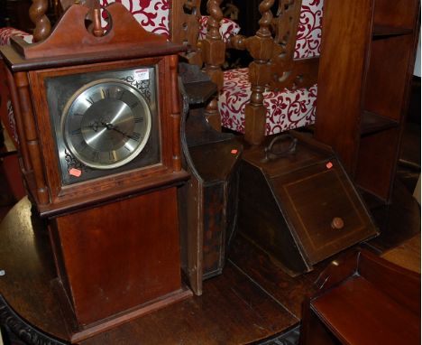 Occasional furniture, to include; a narrow shelf, Edwardian mahogany coal purdonium, floral decorated hanging corner cupboard