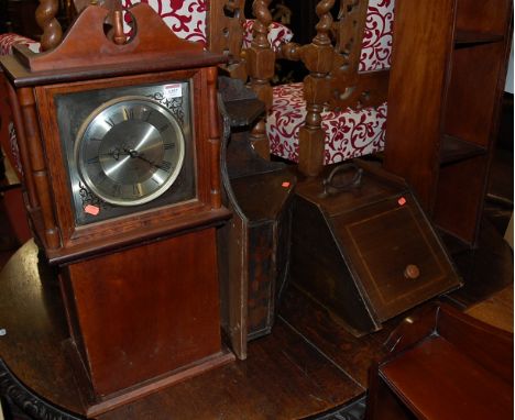 Occasional furniture, to include; a narrow shelf, Edwardian mahogany coal purdonium, floral decorated hanging corner cupboard