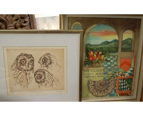 A modern carved softwood framed wall mirror, Joyce Pallot - abstract watercolour, Ian Hay - lithograph, short eared owls etc 