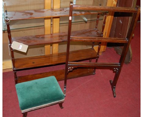 A 19th century mahogany four-tier hanging wall shelf with turned columns, width 81cm, together with a mahogany hinged towel r