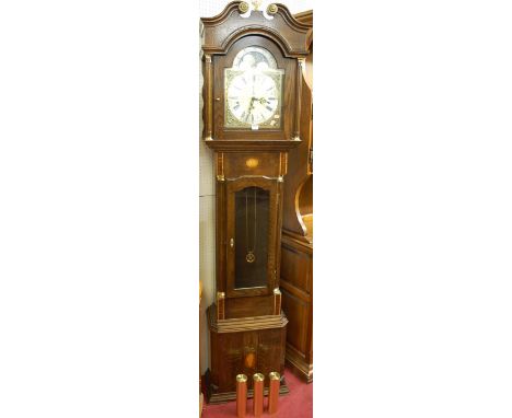 A Georgian style contemporary oak and inlaid longcase clock, having a silvered and brass arched moon phase dial, signed CJ Mi