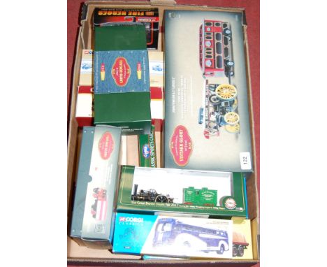 One tray containing a quantity of boxed Corgi and Oxford diecasts mixed steam related commercial vehicles and public transpor