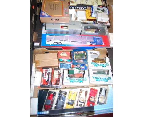 Two boxes containing a quantity of boxed and loose diecasts to include a Bburago, Matchbox Originals, Ertl vintage vehicles, 