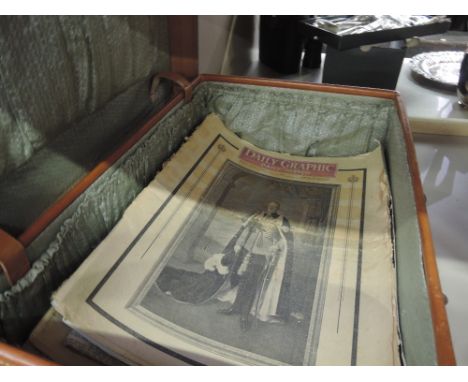 A suitcase of ephemera including Daily Graphic and Daily Sketch 7th Feb 1952 etc