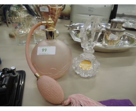 A vintage scent bottle labelled Cristal de Baviere and a pink crackled glass atomiser