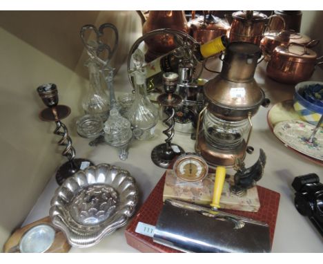 A miscellaneous selection including Calvados flask, Cruet, boxed flatware, desk thermometer, oil lamp etc