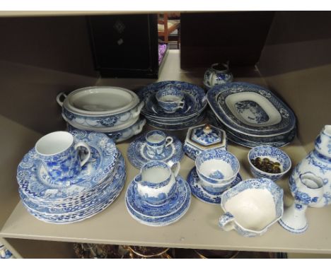 A shelf of blue and white including Copeland Spode's Italians