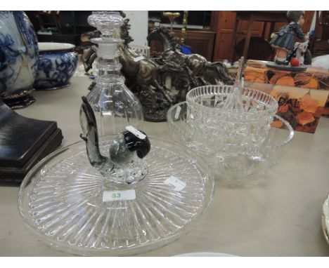 A selection of glassware including decanter, tazza, bowls and art glass snail