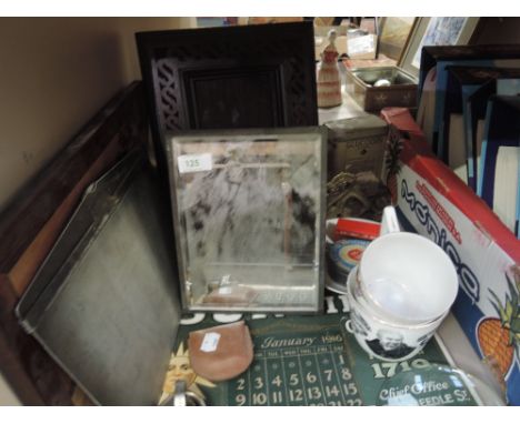 A selection including Carbo Plate by Kendrick & Jefferson, West Bromwich, a treen photo frame, vintage tins, a 1916 calendar 