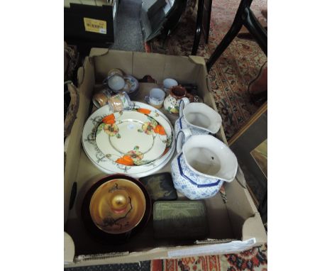 A box of ceramics including three 1930's Royal Venton Ware 'Poppy' plates by John Steventon & Sons Ltd, graduated jugs, vinta